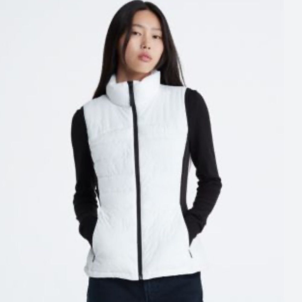 Calvin Klein White & Black Sleeveless Zip Up Puffer Quilted Mixed Media Vest XL